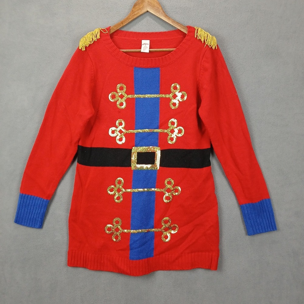 Holiday Time Christmas Nutcracker Knit Sweater Womens M(8-10) Red Blue Sequin‎